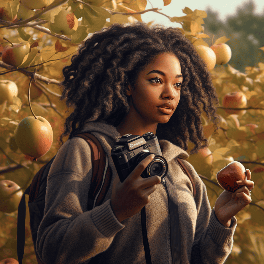 Photo of a woman holding an apple and camera standing near an apple tree