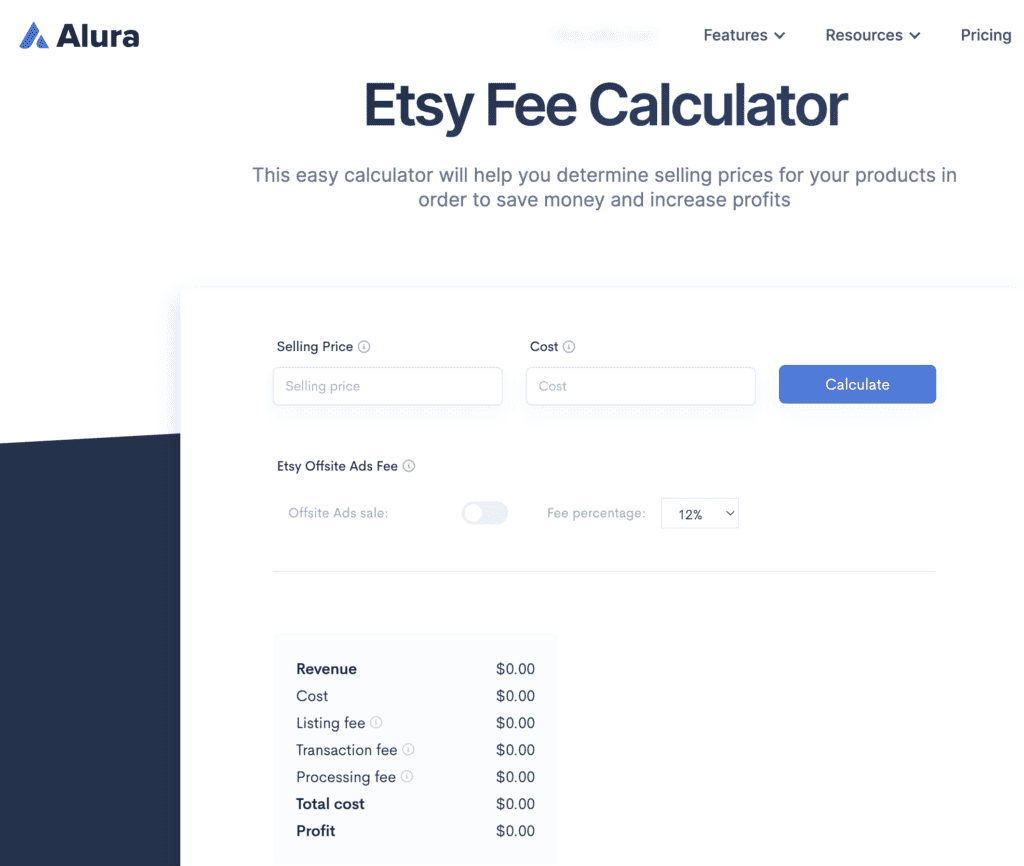 screenshot of Aluras Etsy fee calculator