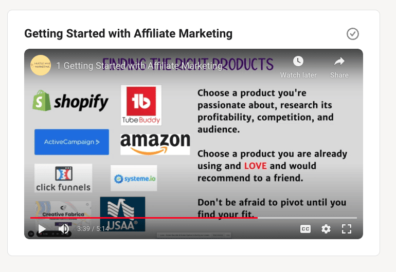 screenshot of the Getting Started with Affiliate Marketing lesson inside Learn & Earn Profits Online MRR course