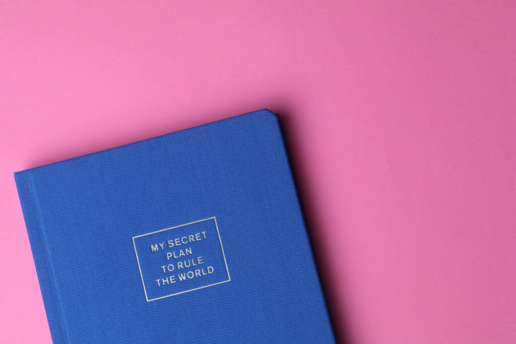 blue journal with text "My Secret Plan to Rule the World" on a bright pink background